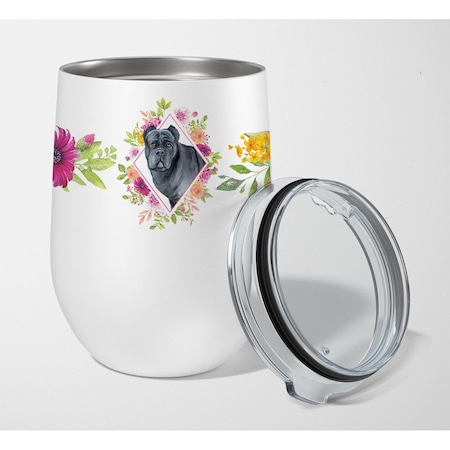 12 Oz Cane Corso Pink Flowers Stainless Steel Stemless Wine Glass